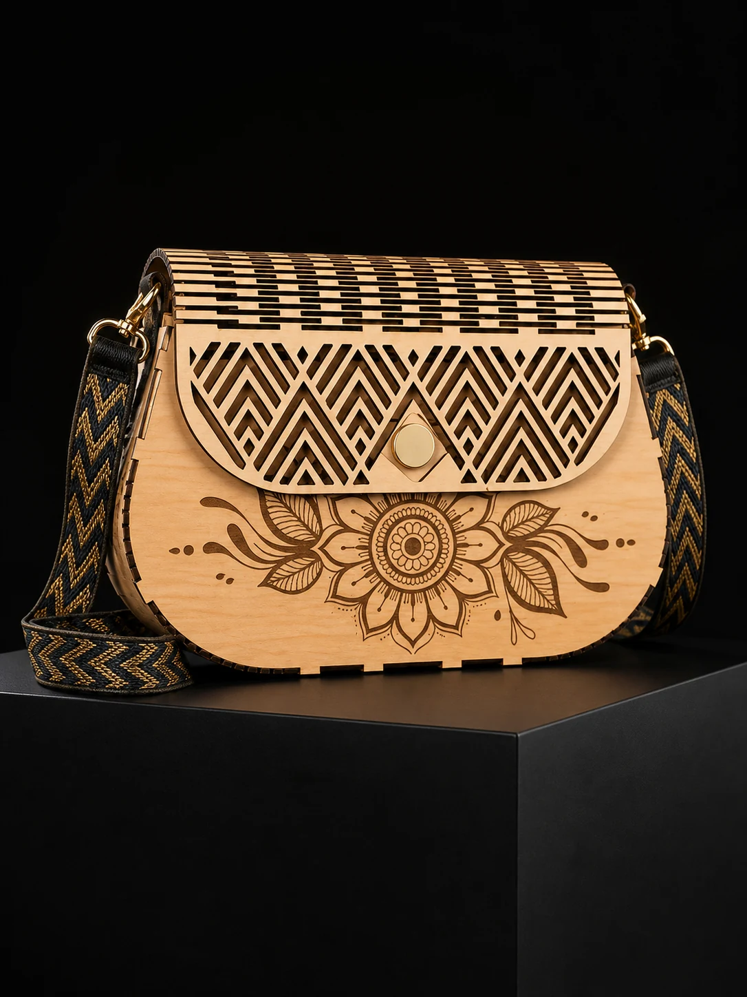 Sac artisanal singulier en bois découpé et gravé au laser